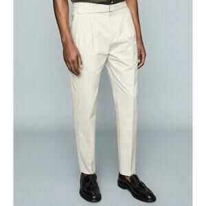 Reiss Men's Kover Belted Pleated Tapered Khaki Tan Cotton Pants Trousers 36x28